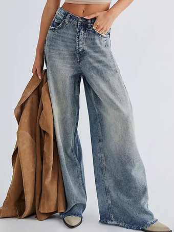 レディースストレートジーンズ リラックスフィット ボヘミアン風ブルーデニムパンツ 2026