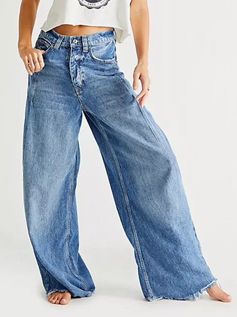 ブルー レディースストレートジーンズ リラックスフィット ボヘミアン風ブルーデニムパンツ 2026