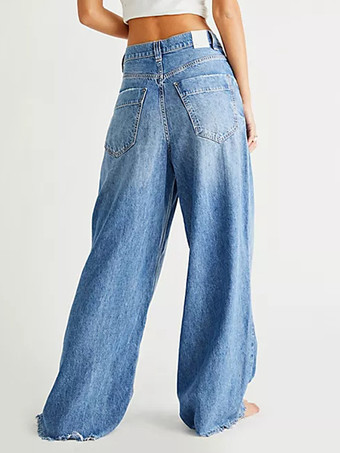 レディースストレートジーンズ リラックスフィット ボヘミアン風ブルーデニムパンツ 2026