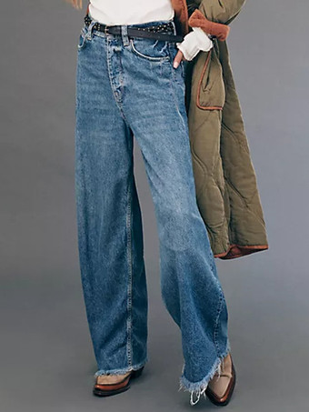 レディースストレートジーンズ リラックスフィット ボヘミアン風ブルーデニムパンツ 2026