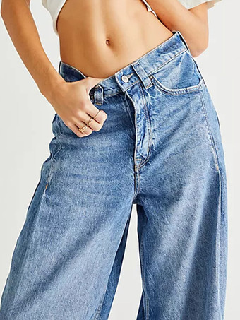 レディースストレートジーンズ リラックスフィット ボヘミアン風ブルーデニムパンツ 2026