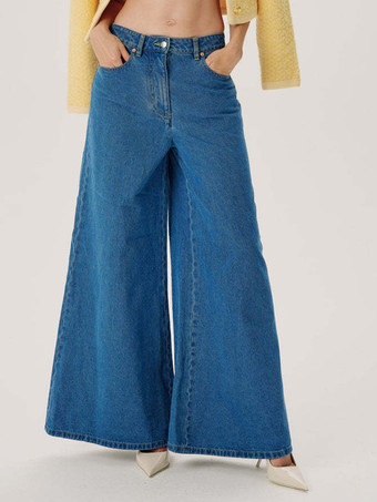 ブルー 女性用フレアジーンズ ワイドレッグ リラックスフィット レトロスタイル デニムパンツ 2025