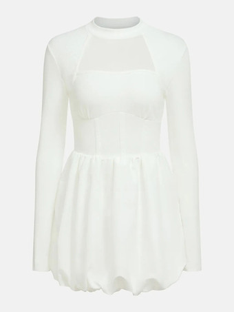 ホワイト Aラインドレス、バブルヘム、モックネック、長袖、シアー、バースデーパーティー、ショートドレス、レディース 2025