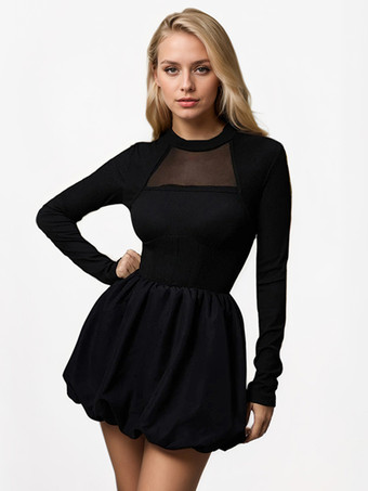 ブラック Aラインドレス、バブルヘム、モックネック、長袖、シアー、バースデーパーティー、ショートドレス、レディース 2025