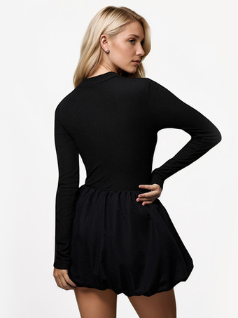 Aラインドレス、バブルヘム、モックネック、長袖、シアー、バースデーパーティー、ショートドレス、レディース 2025