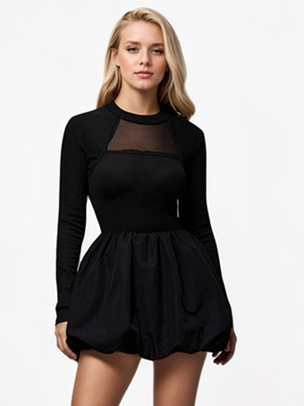 Aラインドレス、バブルヘム、モックネック、長袖、シアー、バースデーパーティー、ショートドレス、レディース 2025