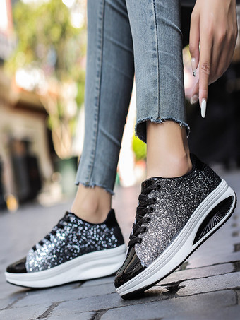 ゴールドスパンコール布ラウンドトゥレディーススニーカーフラット（<1インチ）カジュアルシューズ