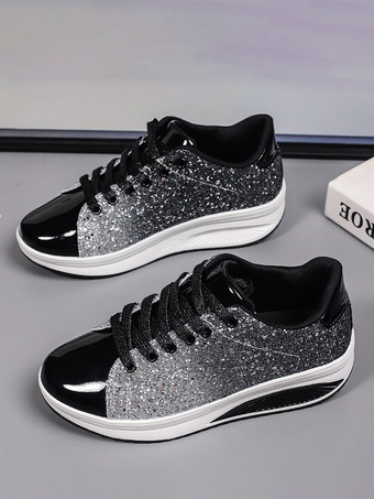 ゴールドスパンコール布ラウンドトゥレディーススニーカーフラット（<1インチ）カジュアルシューズ