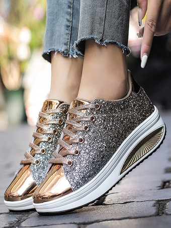 ゴールドスパンコール布ラウンドトゥレディーススニーカーフラット（<1インチ）カジュアルシューズ