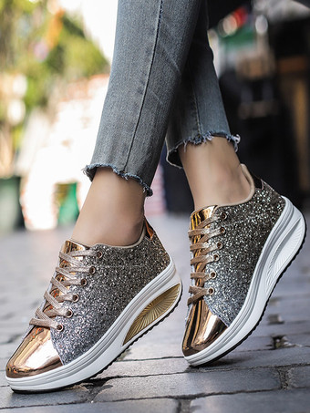 ゴールドスパンコール布ラウンドトゥレディーススニーカーフラット（<1インチ）カジュアルシューズ