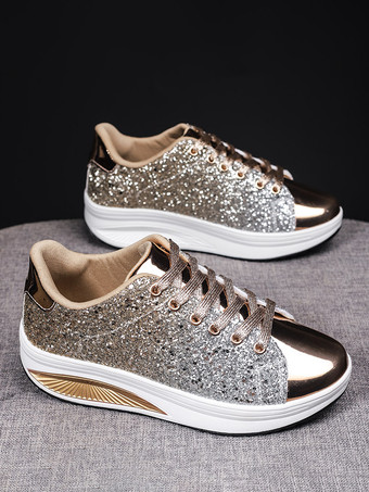 ゴールドスパンコール布ラウンドトゥレディーススニーカーフラット（<1インチ）カジュアルシューズ