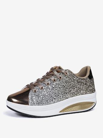 ゴールド ゴールドスパンコール布ラウンドトゥレディーススニーカーフラット（<1インチ）カジュアルシューズ