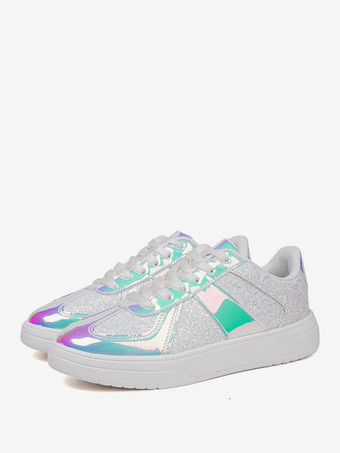 Weiße PU-Leder-Sneakers mit runder Spitze für Damen flach (<1 Zoll) Freizeitschuhe