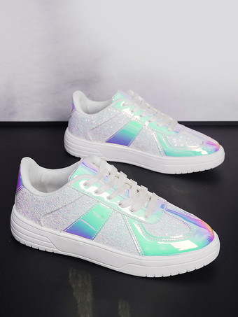 Weiße PU-Leder-Sneakers mit runder Spitze für Damen flach (<1 Zoll) Freizeitschuhe