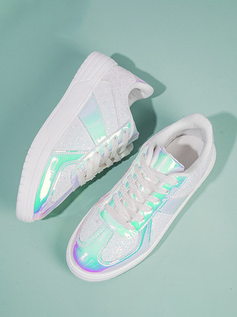 Weiße PU-Leder-Sneakers mit runder Spitze für Damen flach (<1 Zoll) Freizeitschuhe