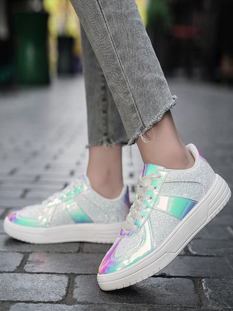 Weiße PU-Leder-Sneakers mit runder Spitze für Damen flach (<1 Zoll) Freizeitschuhe