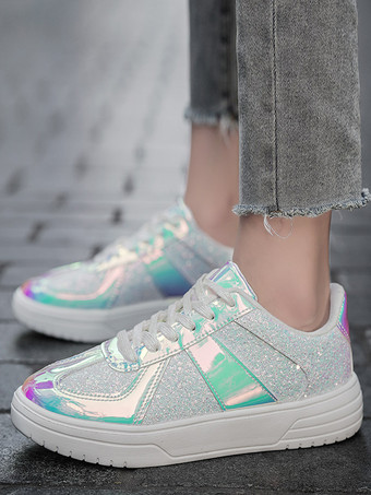 Weiße PU-Leder-Sneakers mit runder Spitze für Damen flach (<1 Zoll) Freizeitschuhe