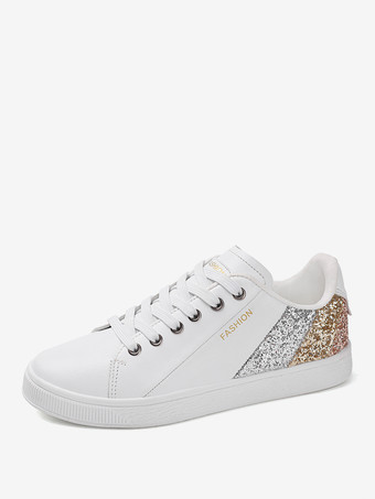 blanco Zapatillas de deporte de punta redonda con lentejuelas negras para mujer zapatos casuales planos (<1")