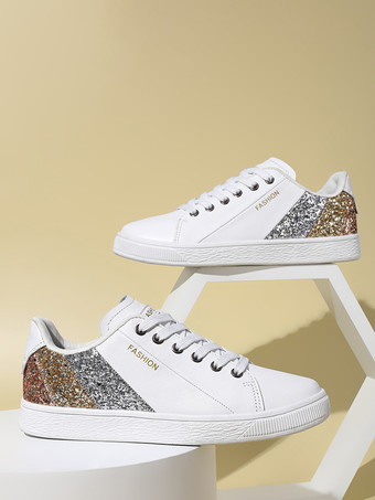 Zapatillas de deporte de punta redonda con lentejuelas negras para mujer zapatos casuales planos (<1")