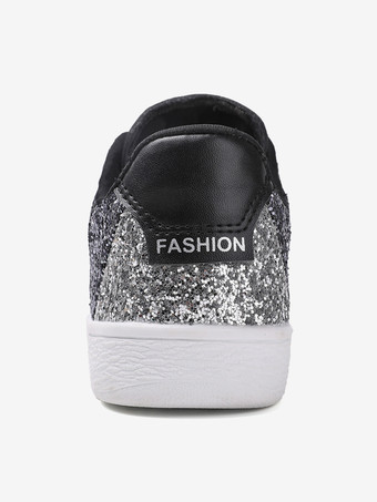Zapatillas de deporte de punta redonda con lentejuelas negras para mujer zapatos casuales planos (<1")