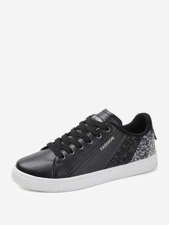 negro Zapatillas de deporte de punta redonda con lentejuelas negras para mujer zapatos casuales planos (<1")