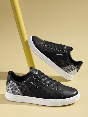 Zapatillas de deporte de punta redonda con lentejuelas negras para mujer zapatos casuales planos (<1")