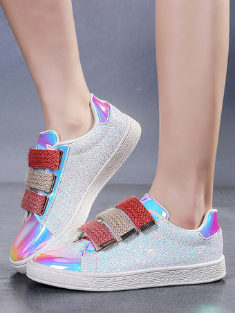 Black Sequined Cloth Round Toe Womens Sneakers Flat(<1