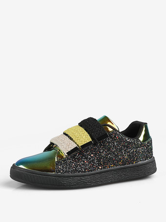 Black Black Sequined Cloth Round Toe Womens Sneakers Flat(<1