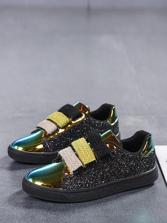 Black Sequined Cloth Round Toe Womens Sneakers Flat(<1