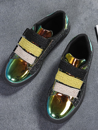 Black Sequined Cloth Round Toe Womens Sneakers Flat(<1