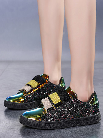 Black Sequined Cloth Round Toe Womens Sneakers Flat(<1