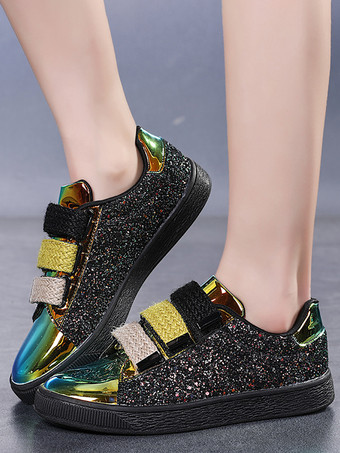 Black Sequined Cloth Round Toe Womens Sneakers Flat(<1