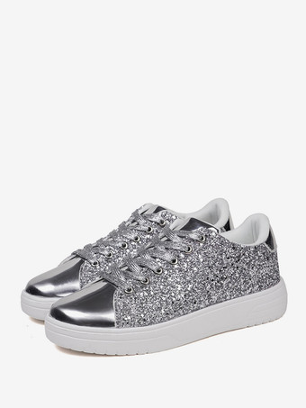 Baskets à bout rond en tissu pailleté argenté pour femmes (<1") Chaussures décontractées