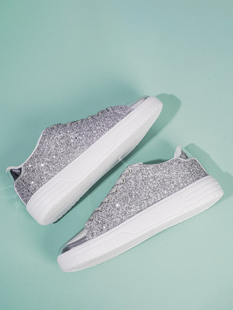 Baskets à bout rond en tissu pailleté argenté pour femmes (<1") Chaussures décontractées