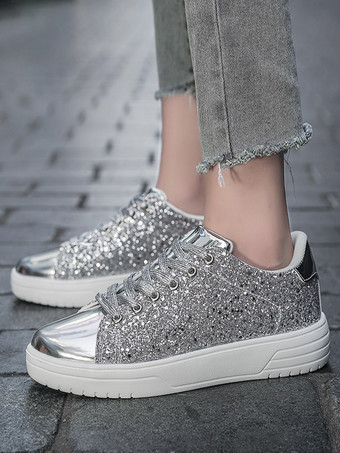 Baskets à bout rond en tissu pailleté argenté pour femmes (<1") Chaussures décontractées