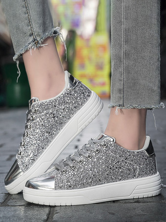 Baskets à bout rond en tissu pailleté argenté pour femmes (<1") Chaussures décontractées