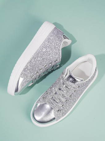 Baskets à bout rond en tissu pailleté argenté pour femmes (<1") Chaussures décontractées