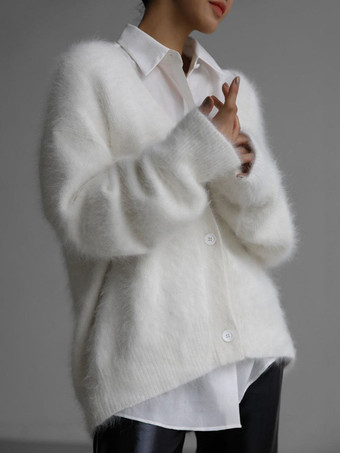 ホワイト フェイクファーカーディガン カーキ 長袖 Vネック オーバーサイズ 春 着心地良い レディース アウター 2025