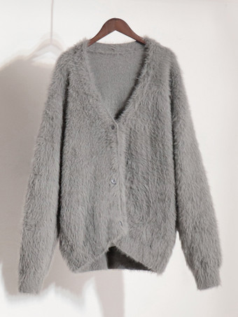 フェイクファーカーディガン カーキ 長袖 Vネック オーバーサイズ 春 着心地良い レディース アウター 2025
