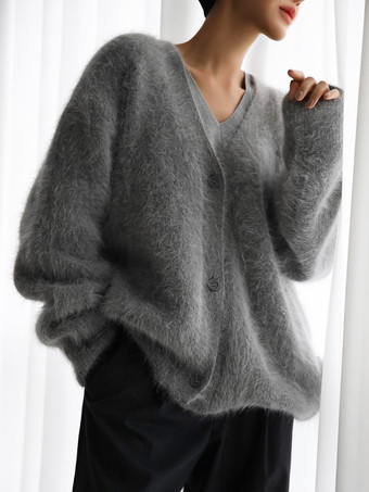 フェイクファーカーディガン カーキ 長袖 Vネック オーバーサイズ 春 着心地良い レディース アウター 2025