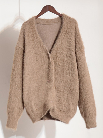 フェイクファーカーディガン カーキ 長袖 Vネック オーバーサイズ 春 着心地良い レディース アウター 2025