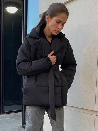 パファージャケット ターンダウンカラー オーバーサイズ シック サッシュ デイリーカジュアル グレー アウターウェア レディース