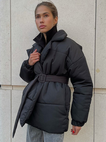 ブラック パファージャケット ターンダウンカラー オーバーサイズ シック サッシュ デイリーカジュアル グレー アウターウェア レディース