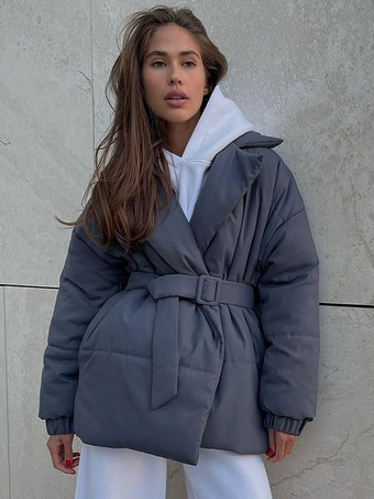 パファージャケット ターンダウンカラー オーバーサイズ シック サッシュ デイリーカジュアル グレー アウターウェア レディース