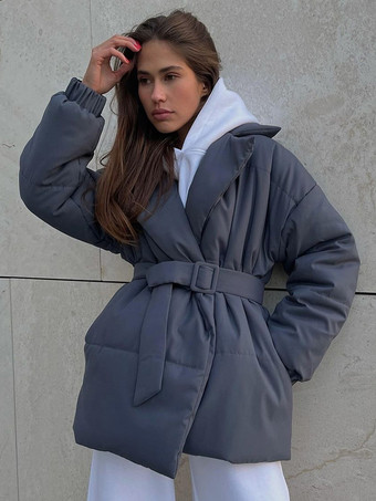 グレイパファージャケット ターンダウンカラー オーバーサイズ シック サッシュ デイリーカジュアル グレー アウターウェア レディース