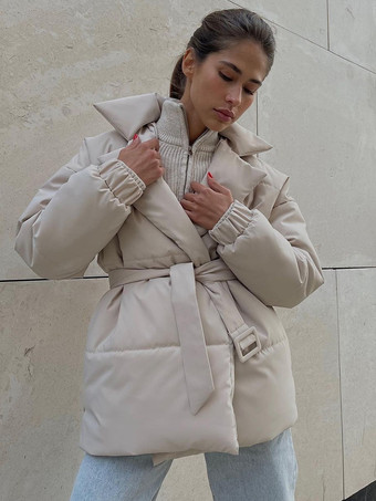 アプリコットパファージャケット ターンダウンカラー オーバーサイズ シック サッシュ デイリーカジュアル グレー アウターウェア レディース