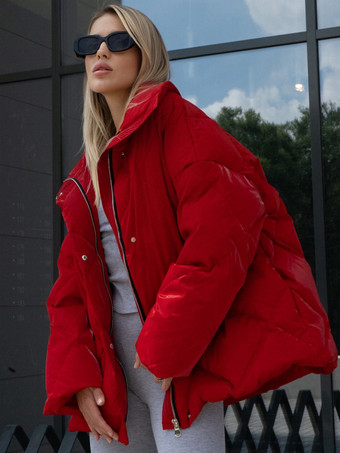 ピンクのキルティングパファージャケット ターンダウンカラー オーバーサイズジッパー カジュアル 冬アウター レディース 2025