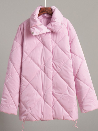 ピンクのキルティングパファージャケット ターンダウンカラー オーバーサイズジッパー カジュアル 冬アウター レディース 2025