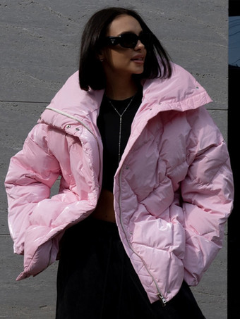 ピンクのキルティングパファージャケット ターンダウンカラー オーバーサイズジッパー カジュアル 冬アウター レディース 2025