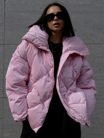 ピンクのキルティングパファージャケット ターンダウンカラー オーバーサイズジッパー カジュアル 冬アウター レディース 2025